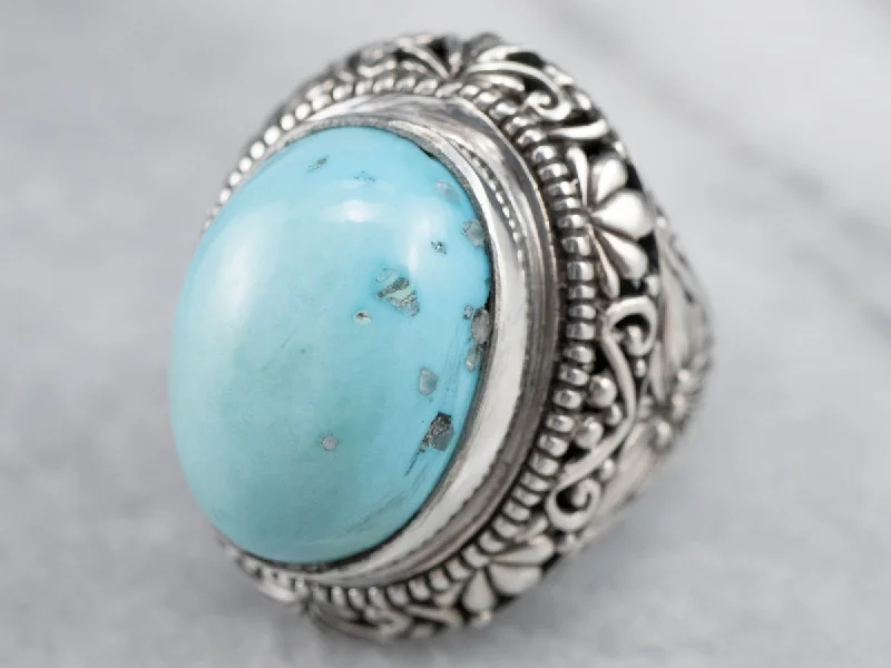 Art deco rings for women -Sterling Silver Floral Turquoise Statement Ring