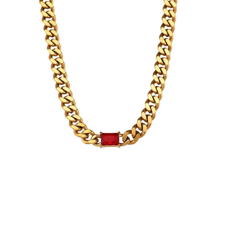 Cuban Chain Rectangular Zircon Necklace - Gold - Red Diamond