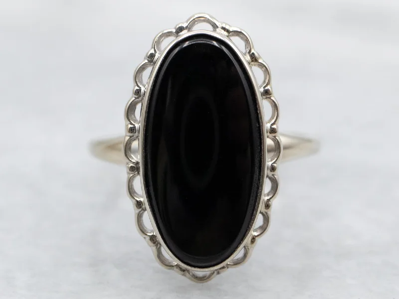 Adjustable rings for women -Scalloped Mid Century Black Onyx Ring