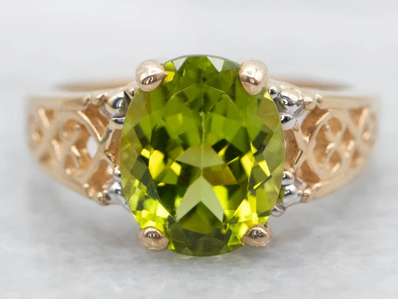 Birthstone rings for women -Gold Filigree Peridot Solitaire Ring