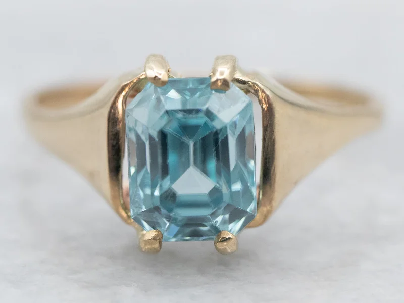 Fashionable rings for women -Yellow Gold Emerald Cut Blue Zircon Solitaire Ring