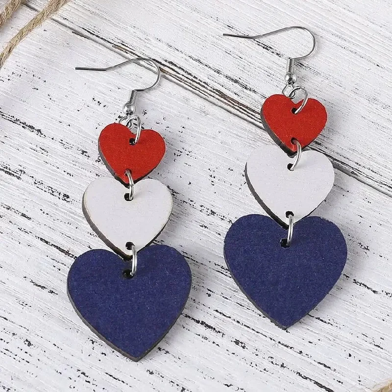 Unique earrings for women -Beautiful Red, White, and Blue Wooden Heart Drop Earrings