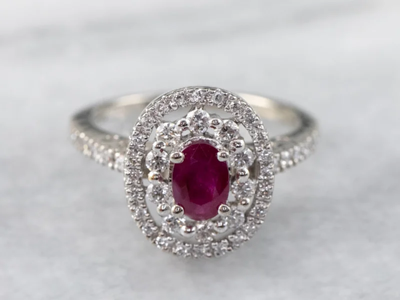 Wedding rings for women -Ruby Double Diamond Halo Ring