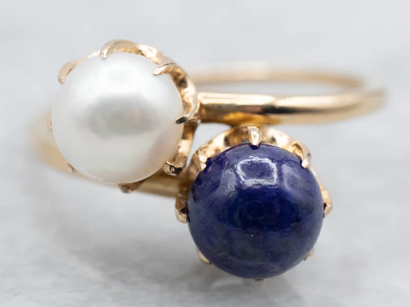 Chunky rings for women -Vintage Gold Pearl and Lapis Bypass Ring