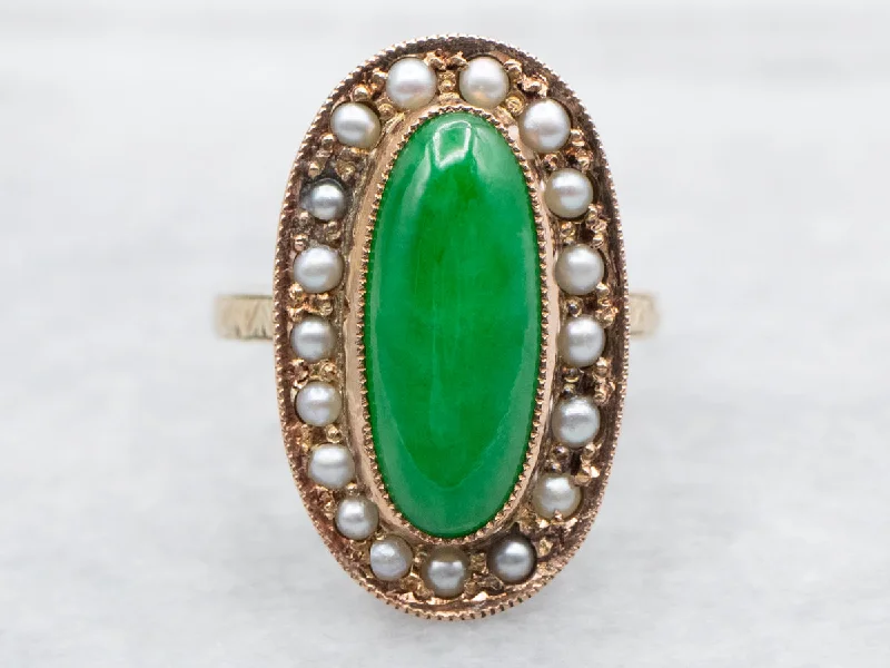 Twisted rings for women -Victorian Gold Jadeite Ring with Seed Pearl Halo