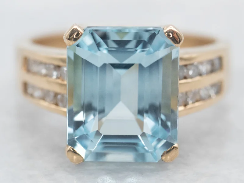 Simple rings for women -Yellow Gold Emerald Cut Blue Topaz Ring with Diamond Shoulders