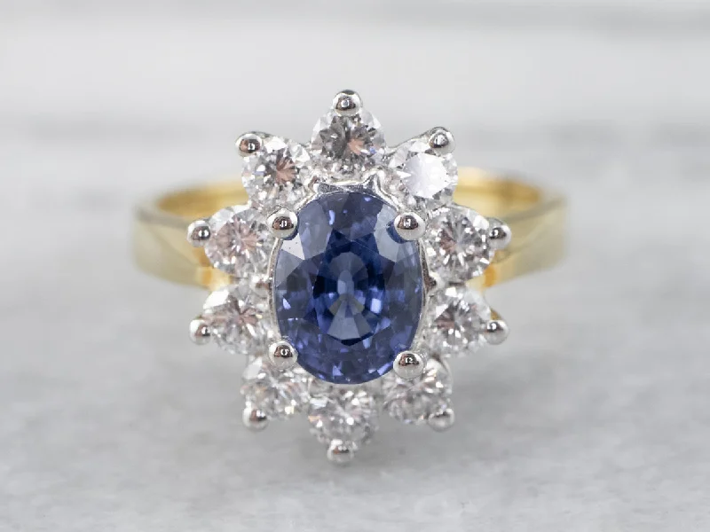 Birthstone rings for women -18K Gold and Platinum Sapphire Diamond Halo Ring