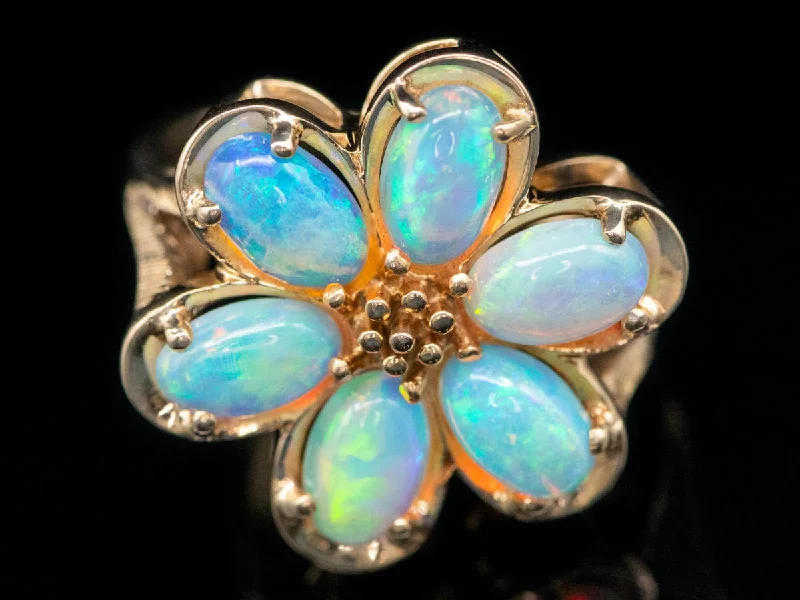 Adjustable silver rings for women -Vintage Australian Opal Flower Ring