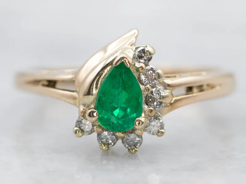 Wedding bands for women -Two Tone Pear Cut Emerald Ring with Diamond Accents