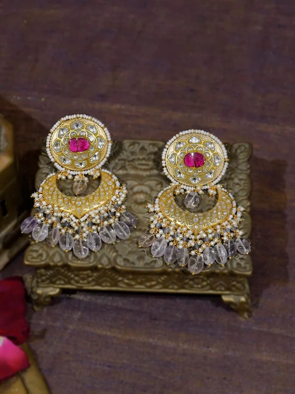 Drop earrings for women -Pink Color Gold Plated Thappa Jadau Kundan Earrings - TJ-E80WP