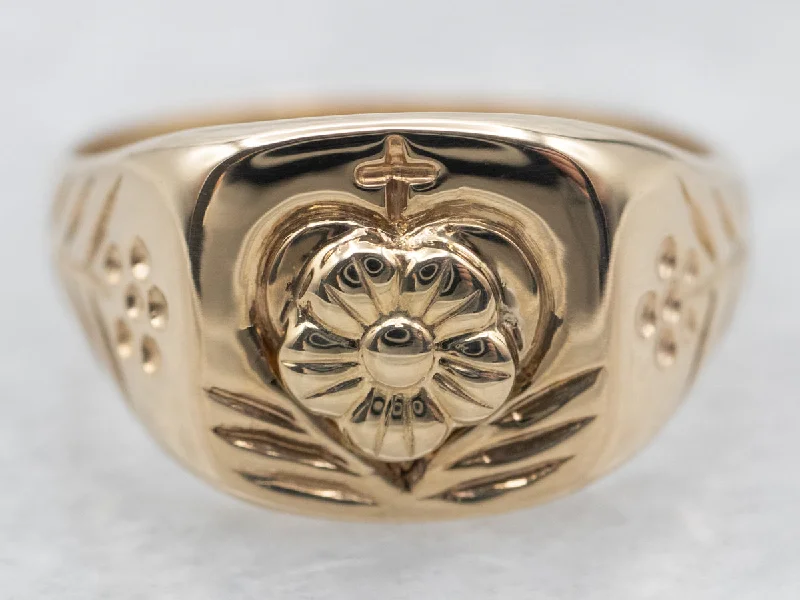 Wedding rings for women -Yellow Gold Floral Signet Ring