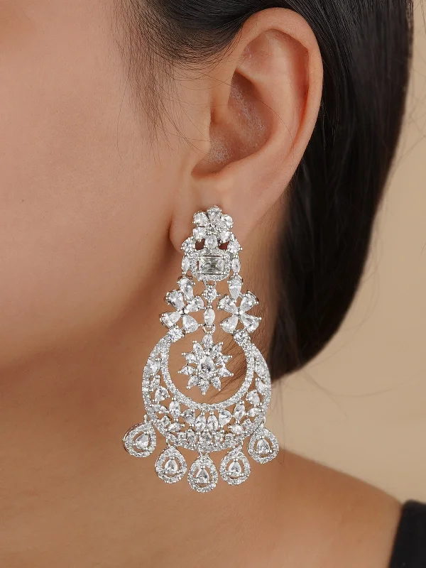 Bohemian earrings for women -White Color Silver Plated Faux Diamond Earrings - CZEAR536