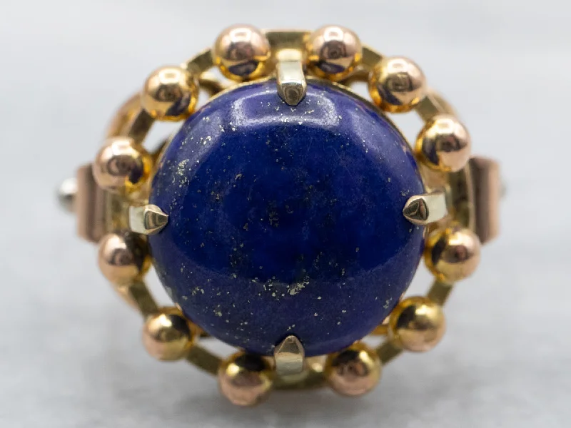 Small rings for women -Yellow Gold Round Cut Lapis Solitaire Ring with Beaded Edge