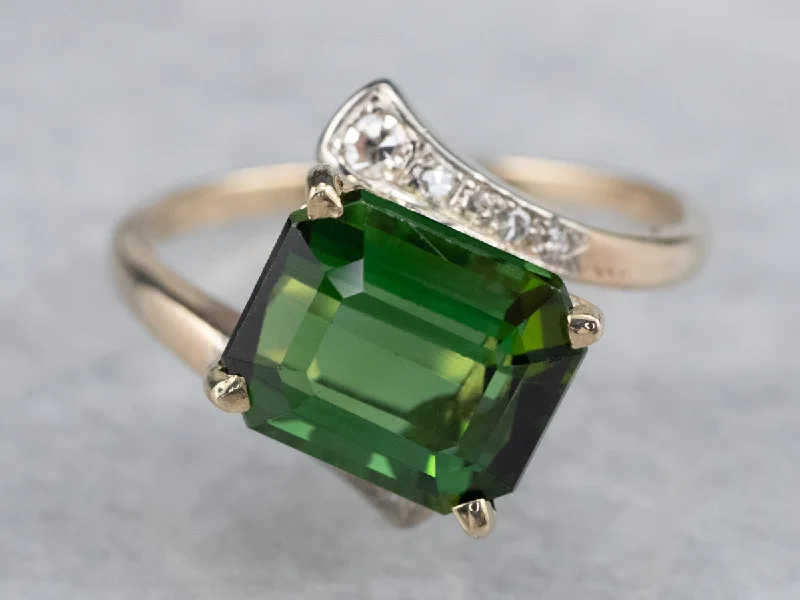 Minimalist wedding rings for women -Retro Green Tourmaline and Diamond Bypass Ring