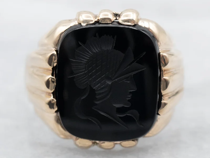 Colored gemstone rings for women -Yellow Gold Black Onyx Intaglio Ring