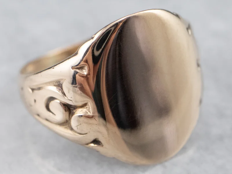 Unique gemstone rings for women -10K Rose Gold Vintage Scroll Shoulder Oval Top Signet Ring