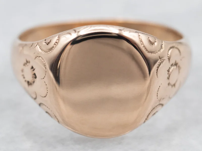 Stackable rings for women -Antique Rose Gold Signet Ring with Floral Shoulders