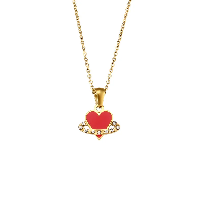 Zircon Ring Red Oil Dropping Love Pendant Necklace