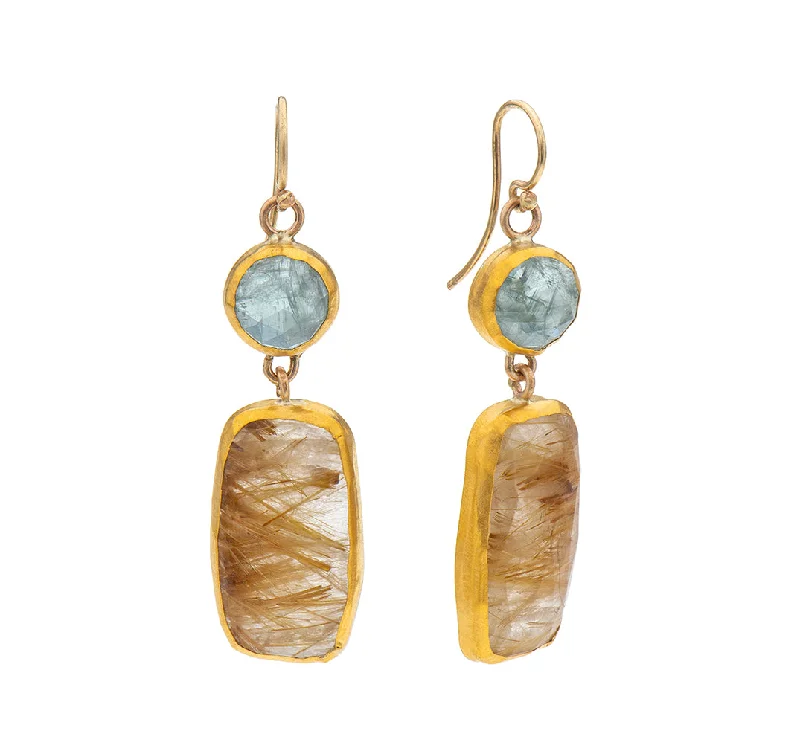 Minimalist earrings for women -Nava Zahavi Yellow Gold Aqua Rutilated Cascade Earrings