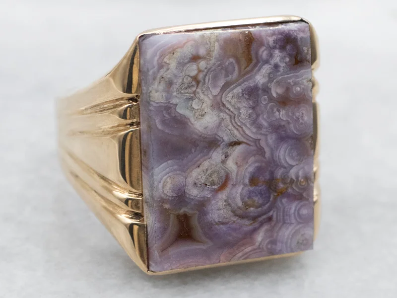 Chunky rings for women -Yellow Gold Rectangle Cut Lace Agate Solitaire Cocktail Ring