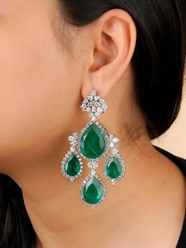 Simple earrings for women -Green Color Silver Plated Faux Diamond Earrings - CZEAR540GR