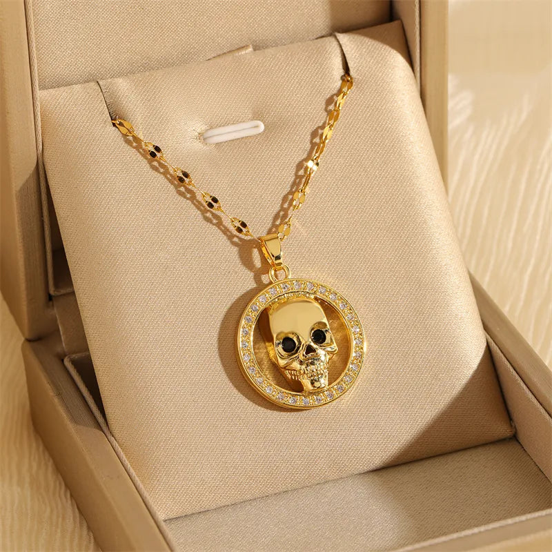 Large pendant necklaces for women -201 Stainless Steel Brass 18K Gold Plated Hollow Out Inlay Skull Zircon Pendant Necklace