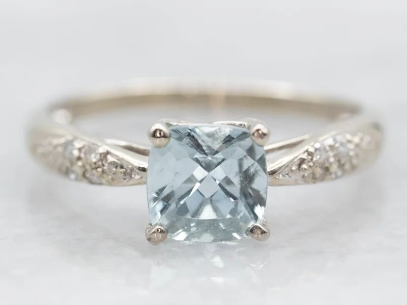 Custom diamond rings for women -White Gold Aquamarine Ring with Diamond Shoulders