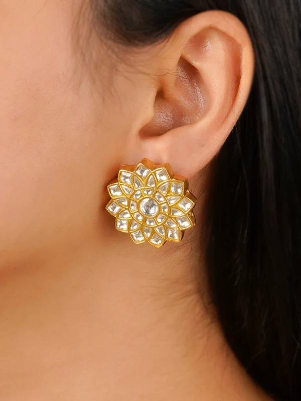 Fashionable earrings for women -White Color Gold Plated Thappa Jadau Kundan Earrings - TJ-E110