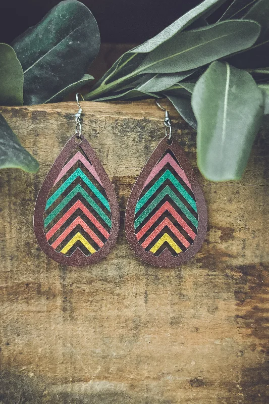 Three-layer earrings for women -Wooden Rainbow Mountains Laser Cut Earrings