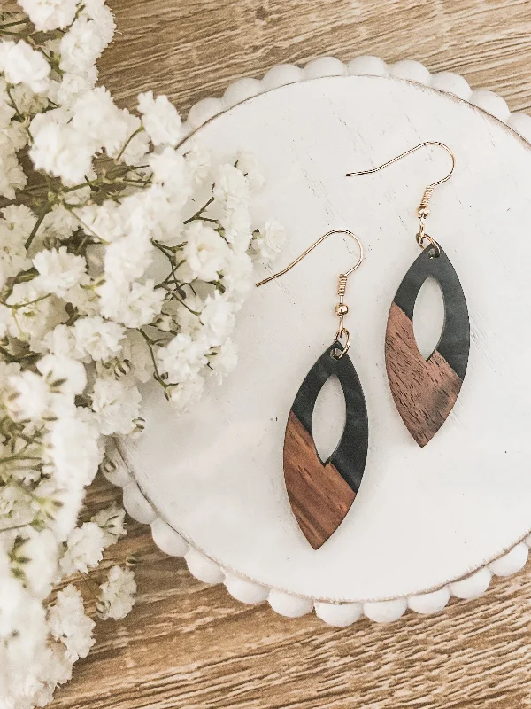 Long dangling earrings for women -Beautiful Oval Wood and Black Earrings