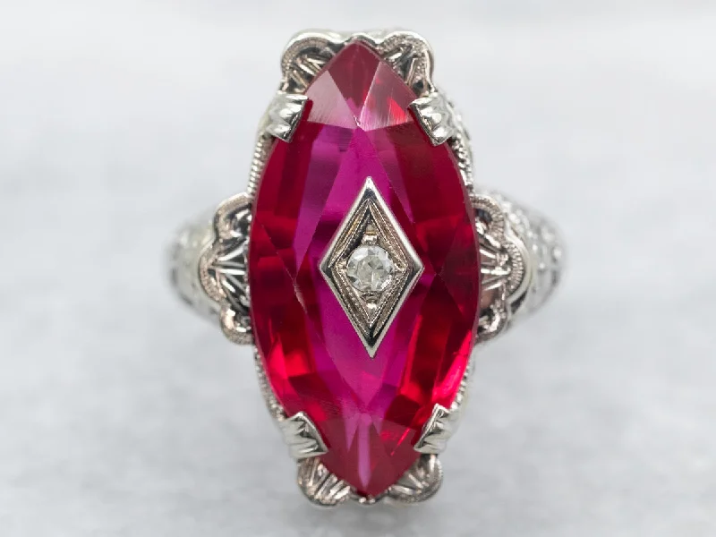 Modern rings for women -White Gold Marquise Cut Synthetic Ruby Ring with Diamond Accent