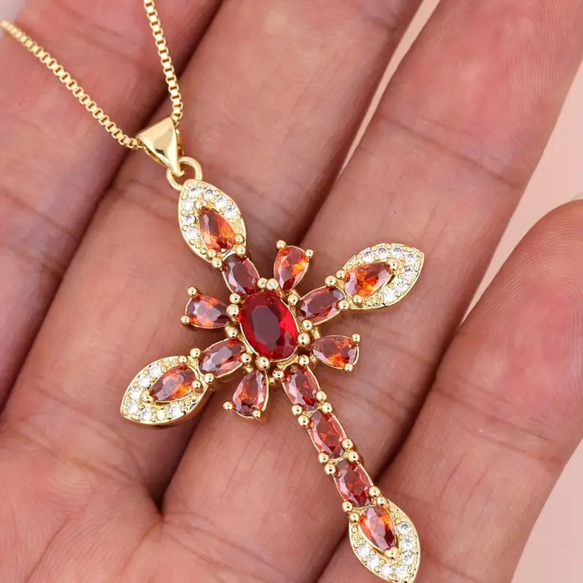 Diamond pendant necklaces for women -Glam Lady Shiny Cross Flower Copper 18k Gold Plated Zircon Pendant Necklace In Bulk