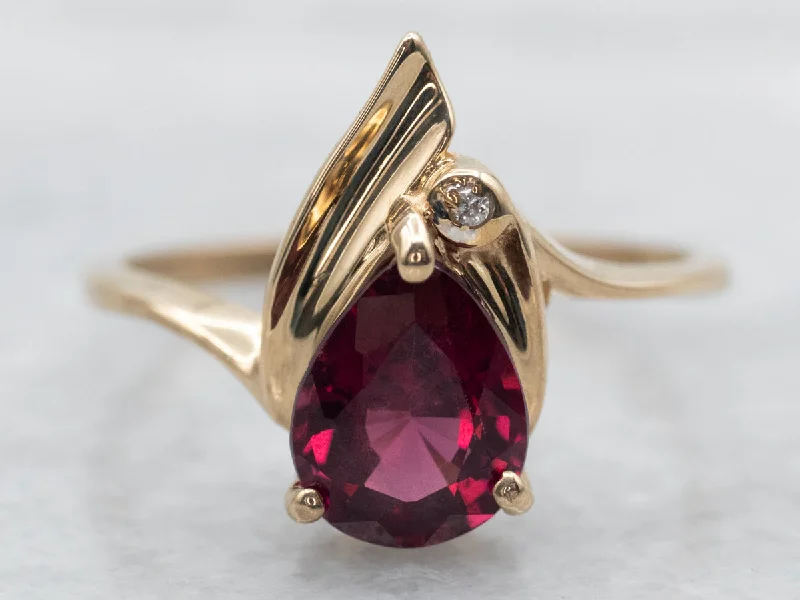 Custom rings with initials for women -Yellow Gold Pear Cut Pink Tourmaline Bypass Ring with Diamond Accent