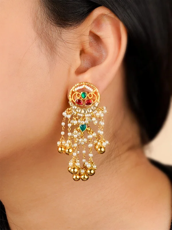 Three-layer earrings for women -Multicolor Gold Plated Jadau Kundan Earrings - ME1084M