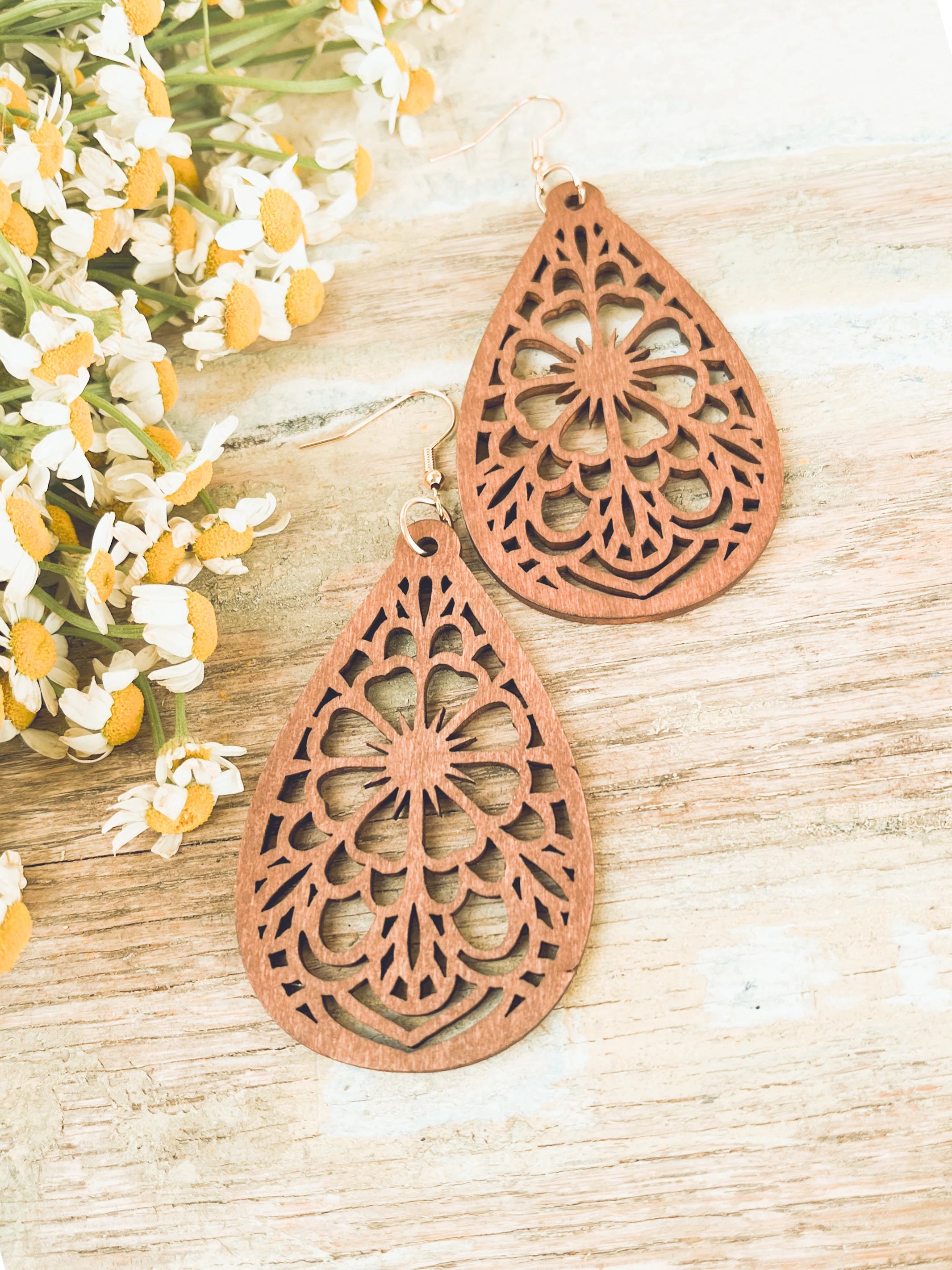 Emerald earrings for women -Beautiful Laser Cut Wood Floral Earrings