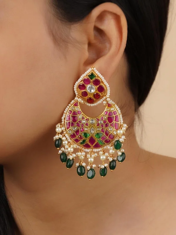 Pearl earrings for women -Multicolor Gold Plated Thappa Jadau Kundan Earrings - TJ-E72M