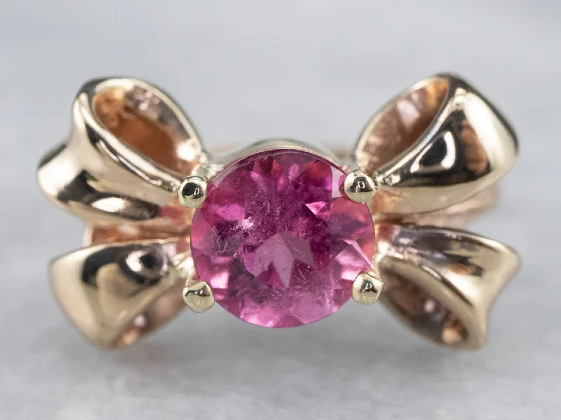 Custom platinum rings for women -Vintage Pink Tourmaline Golden Bow Ring