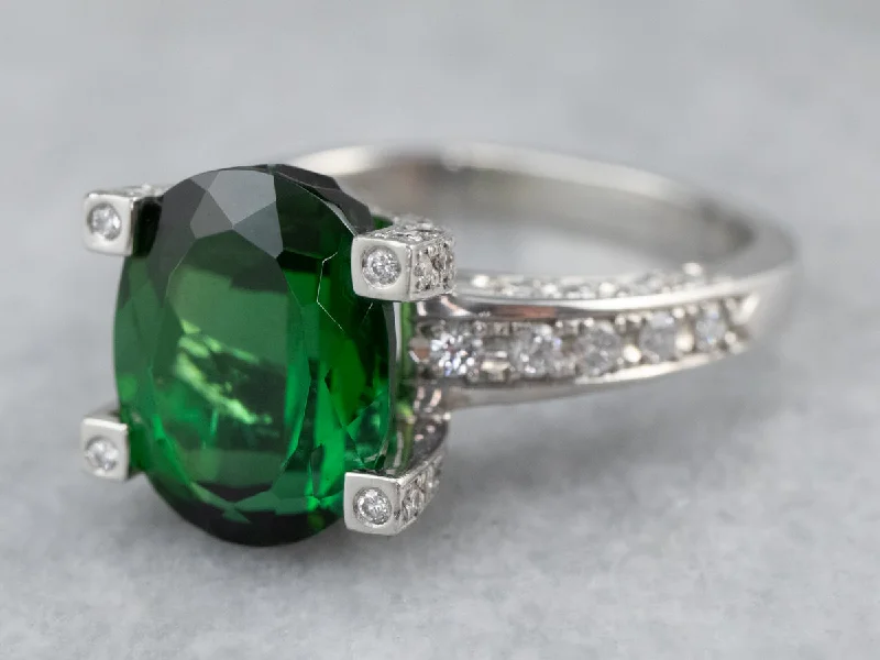 Wedding rings with colored stones for women -Platinum Green Tourmaline Diamond Cocktail Ring