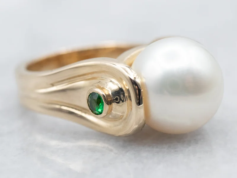 Classic rings for women -Modernist Gold Pearl Ring with Diopside Accents