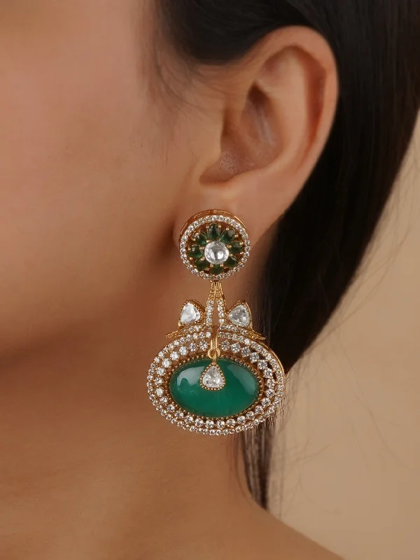 Trendy drop earrings for women -Green Color Gold Plated Faux Polki Earrings - PK-E62GR