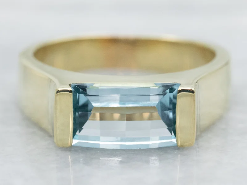 Minimalist rings for women -Yellow Gold East to West Emerald Cut Blue Topaz Ring