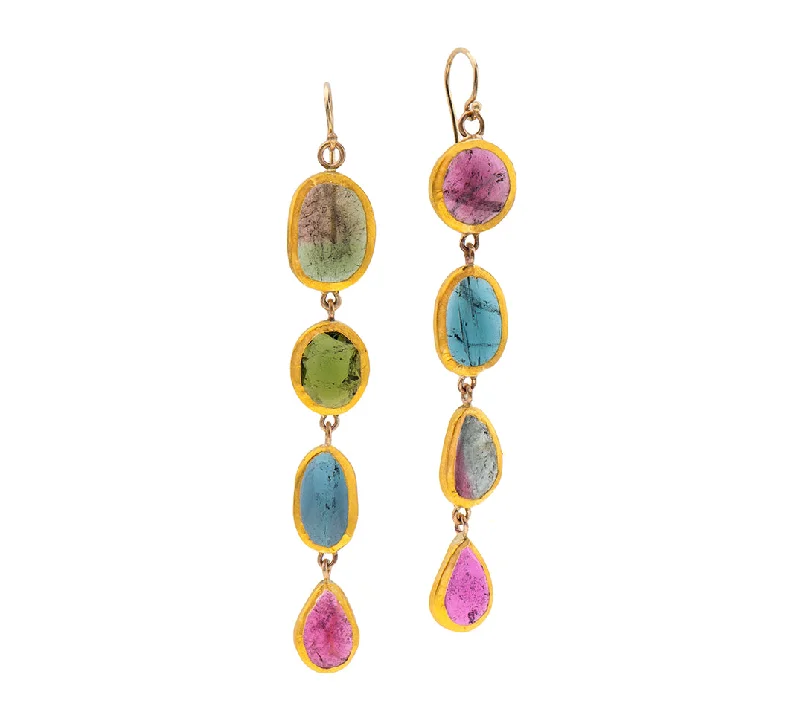 Statement earrings for women -Nava Zahavi Yellow Gold Dangling Colorful Tourmaline Earrings