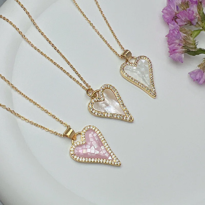 Luxury diamond necklaces for women -Sweet Simple Style Heart Shape Copper Plating Inlay Shell Zircon 18k Gold Plated Pendant Necklace