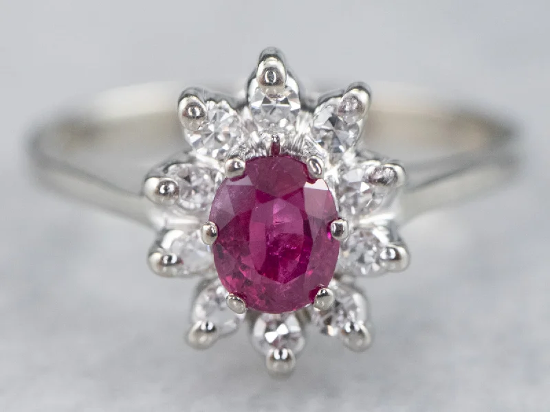 Large rings for women -White Gold Ruby and Diamond Halo Ring