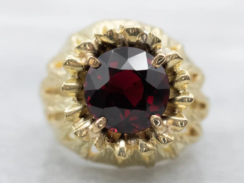 Wedding rings with colored stones for women -Yellow Gold Ornate Garnet Ring