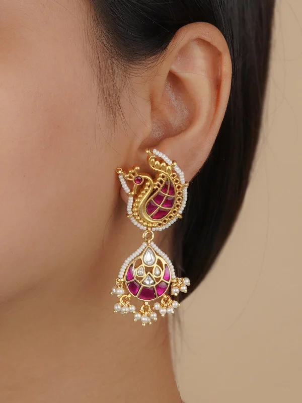 Flower earrings for women -Pink Color Gold Plated Mishr Earrings - MR-E160WP