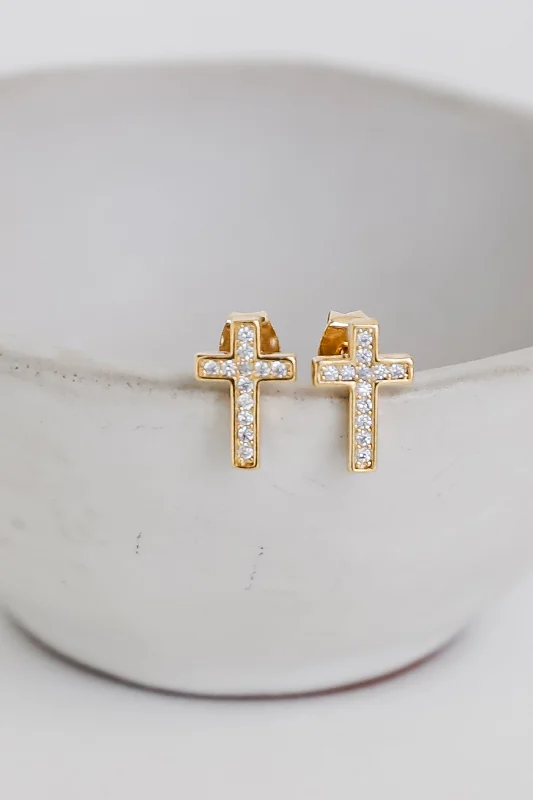 Diamond earrings for women -Addison Gold Rhinestone Cross Stud Earrings