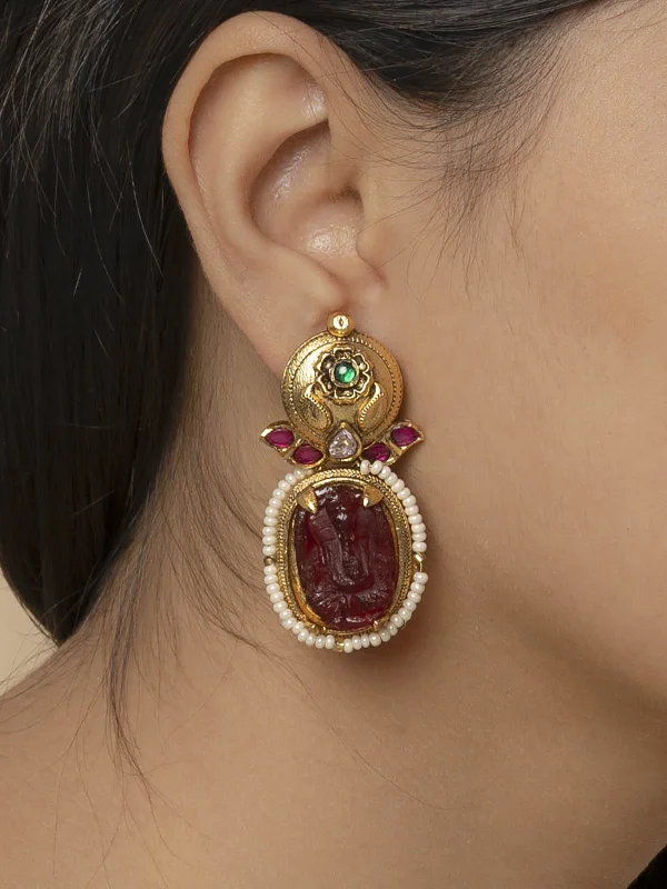 Small earrings for women -Maroon Color Gold Plated Temple Earrings - TMPEAR644