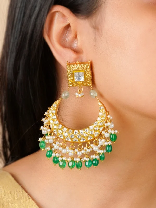 Eco-friendly earrings for women -Green Color Gold Plated Thappa Jadau Kundan Earrings - TJ-E100