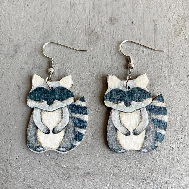 Clip-on earrings for women -Adorable Wood Raccoon Earrings